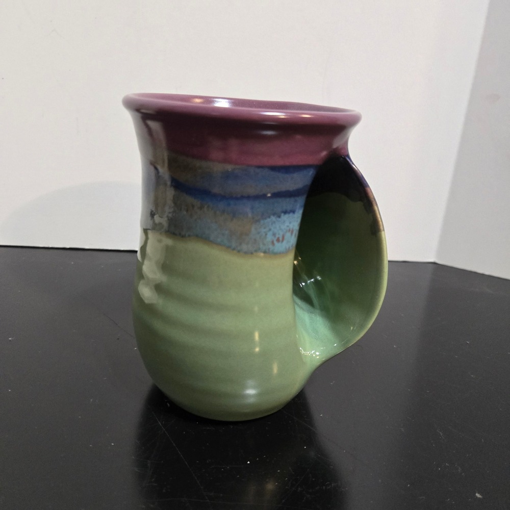 Neher Pottery Hand Warmer Mug Right Handed Green Purple 2016 Signed coffee Tea